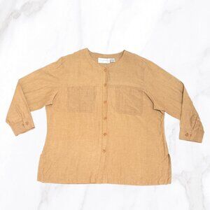 Silk Lore Women's Khaki Silk/Linen Blend Collarless Button Up Blouse, Size 2X